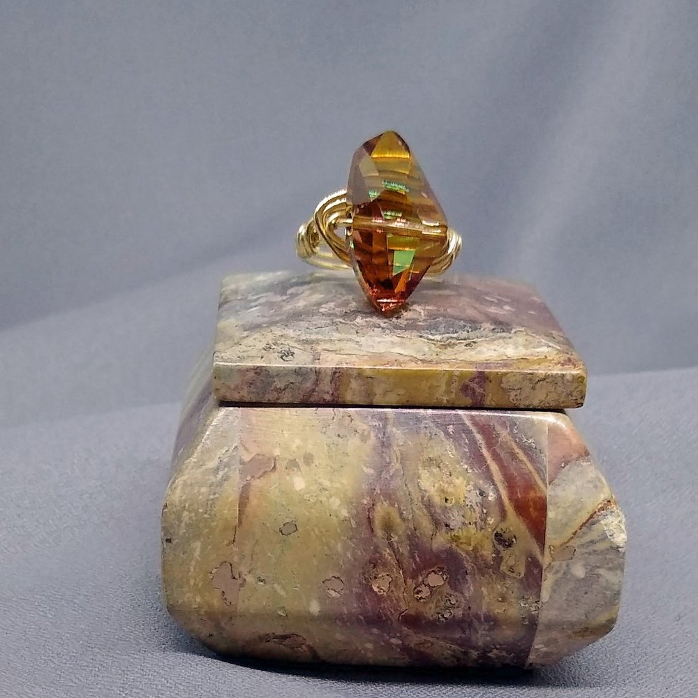 GU Ring Wrapped w/14k Gold Filled Wire & Austrian Copper Crystal Handmade - 5.5